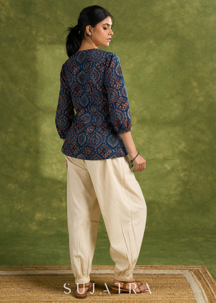 Blue Ajrakh Hand Blocked Cotton Top With Laces - Pant Optional