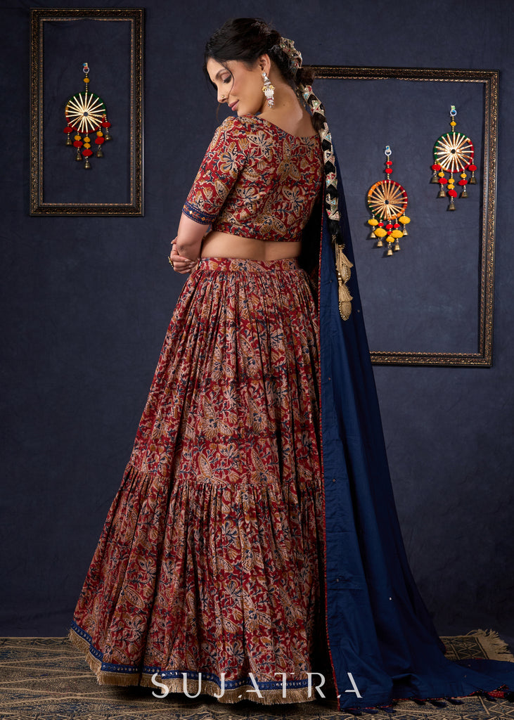 Evergreen Kalamkari Lehenga With Navy Blue Embroidered Blouse & Matching Dupatta.