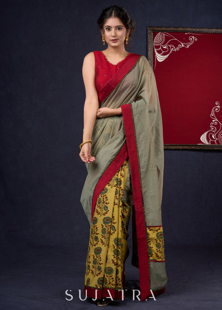 Stylish Chanderi & Hand block printed natural color Ajrakh Combination Designer Saree