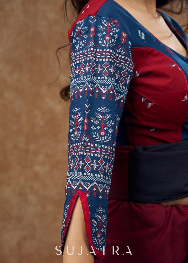 Princess cut navy blue & maroon printed blouse for timeless elegance