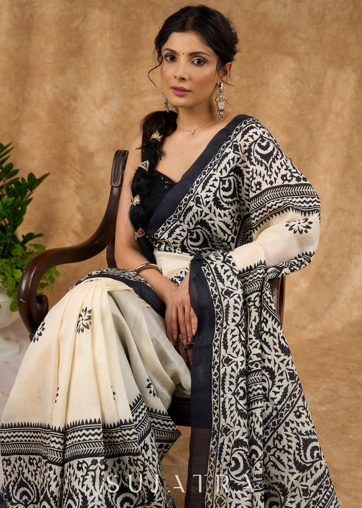 Elegant Off White Pure Silk Hand Block Printed Saree