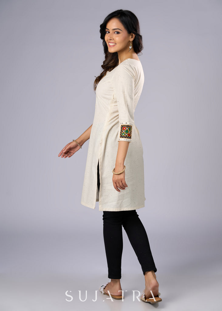 Elegant Off White Cotton Tunic with Intricate Mirror Patch Work