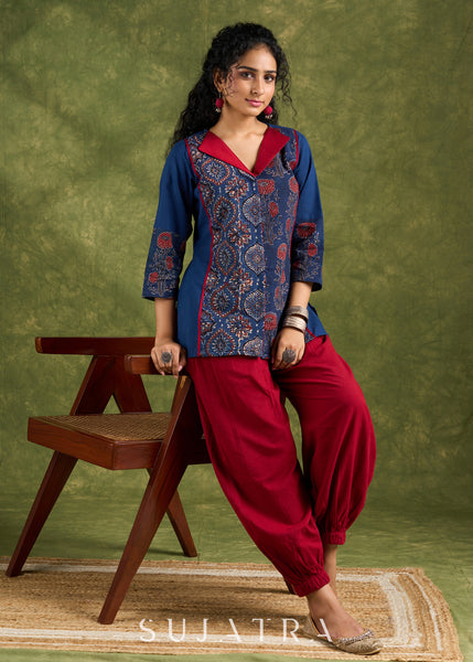 Elegant Navy Blue Ajrak Combination Top - Pant Optional