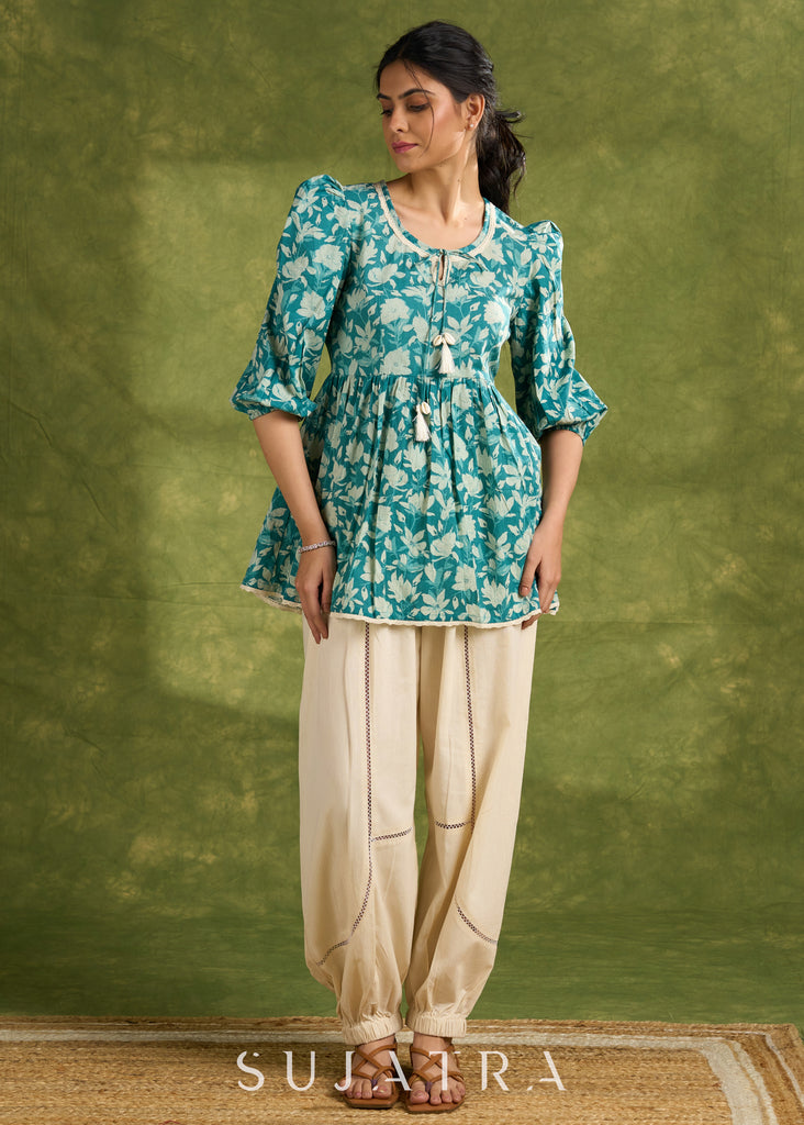 Mint Green Cotton Printed Gathered Sleeve Top With Laces - Pant Optional