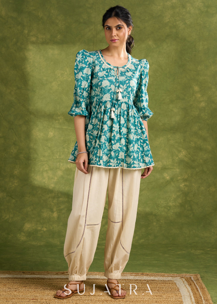 Mint Green Cotton Printed Gathered Sleeve Top With Laces - Pant Optional