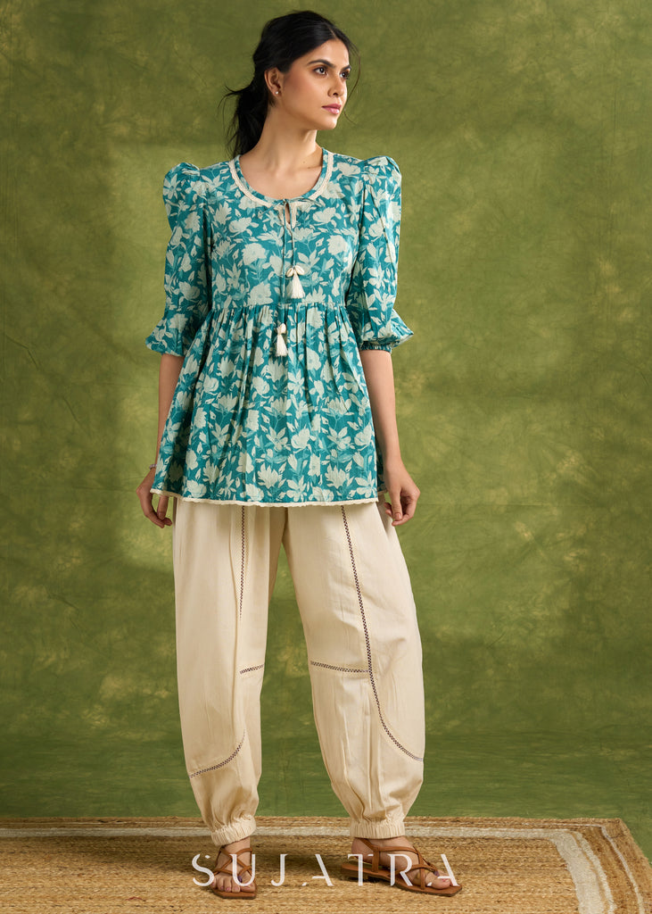 Mint Green Cotton Printed Gathered Sleeve Top With Laces - Pant Optional