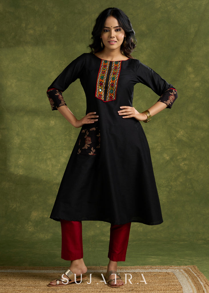 Classic Black Cotton Silk Kutch Mirror Work Kurta - Pant Optional