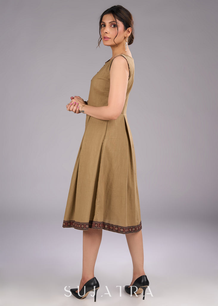 Ajrakh Adorned Biscuit Brown Cotton Sleeveless Dress