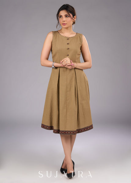 Ajrakh Adorned Biscuit Brown Cotton Sleeveless Dress