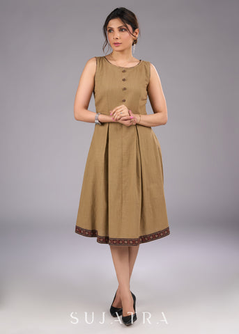 Ajrakh Adorned Biscuit Brown Cotton Sleeveless Dress