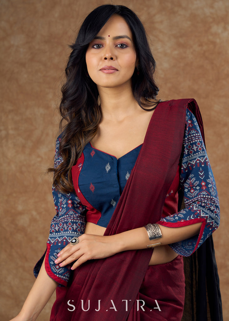 Princess cut navy blue & maroon printed blouse for timeless elegance