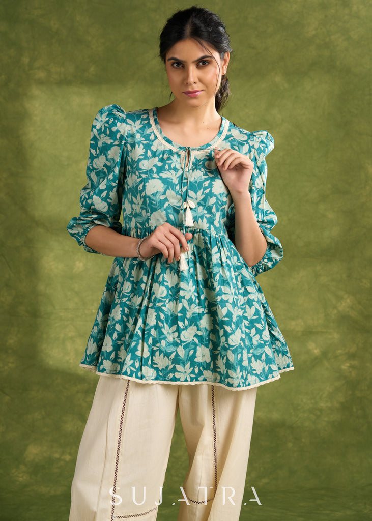 Mint Green Cotton Printed Gathered Sleeve Top With Laces - Pant Optional