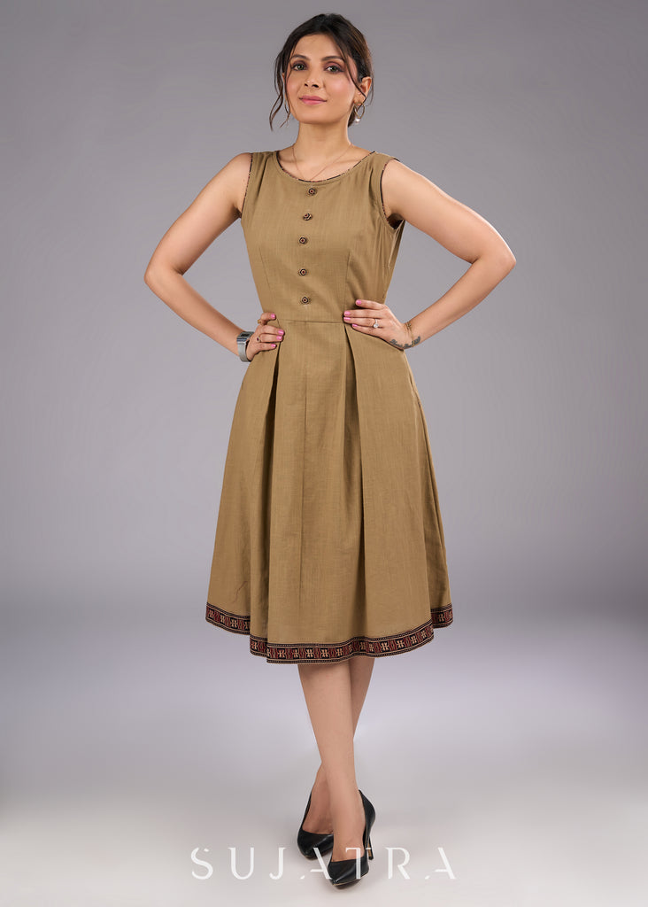 Ajrakh Adorned Biscuit Brown Cotton Sleeveless Dress