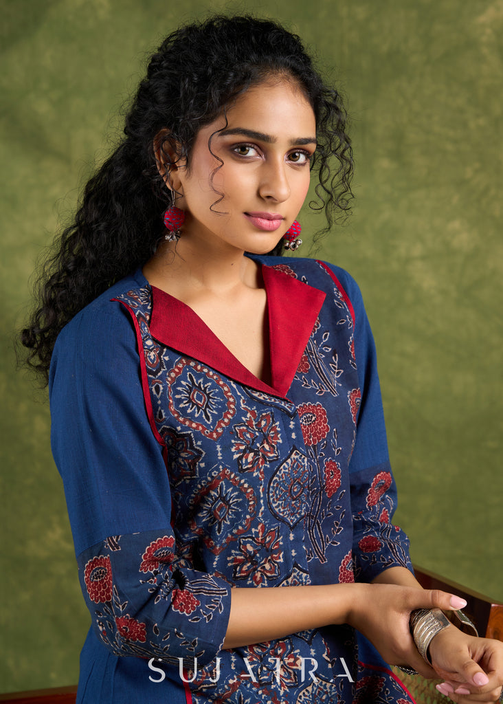 Elegant Navy Blue Ajrak Combination Top - Pant Optional