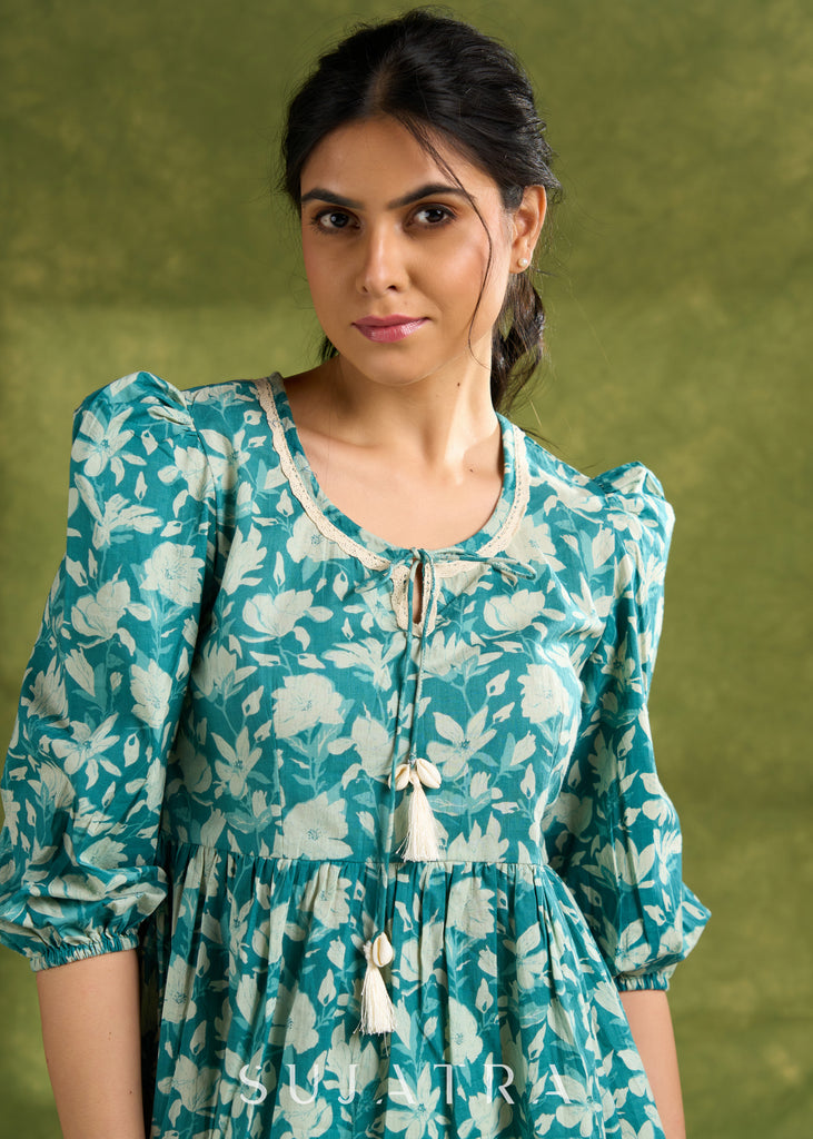 Mint Green Cotton Printed Gathered Sleeve Top With Laces - Pant Optional