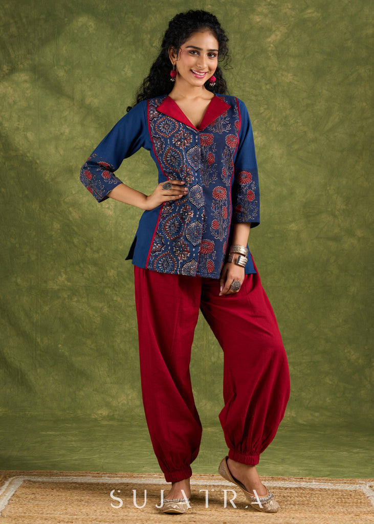 Elegant Navy Blue Ajrak Combination Top - Pant Optional