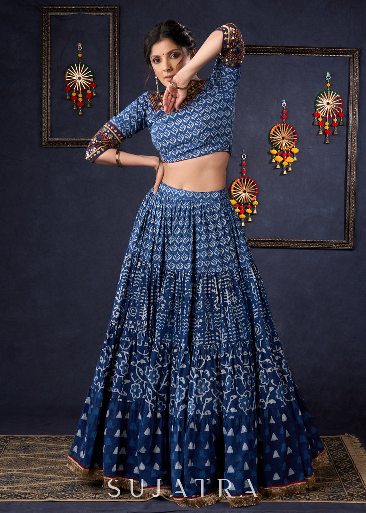 Indigo Prints Mix & Match Lehenga With Antique Gold Embroidery On Blouse & Matching Dupatta.