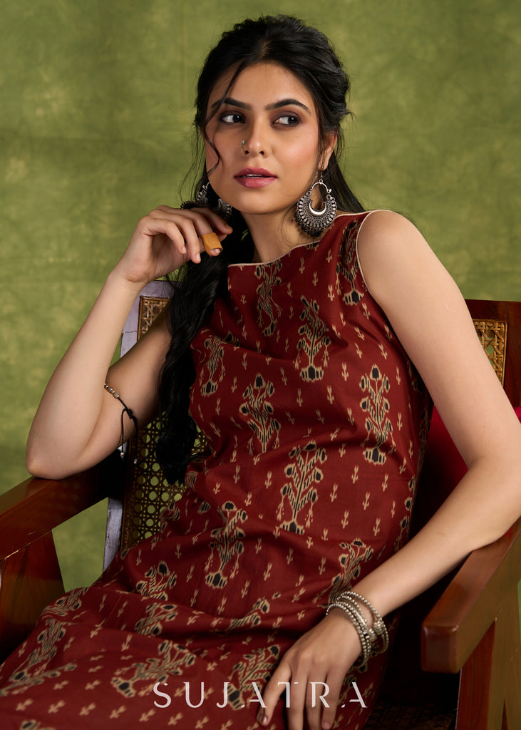 Rust Floral Ajrakh Cotton Dress. Subtle Rust Tones With Delicate Floral Block Prints