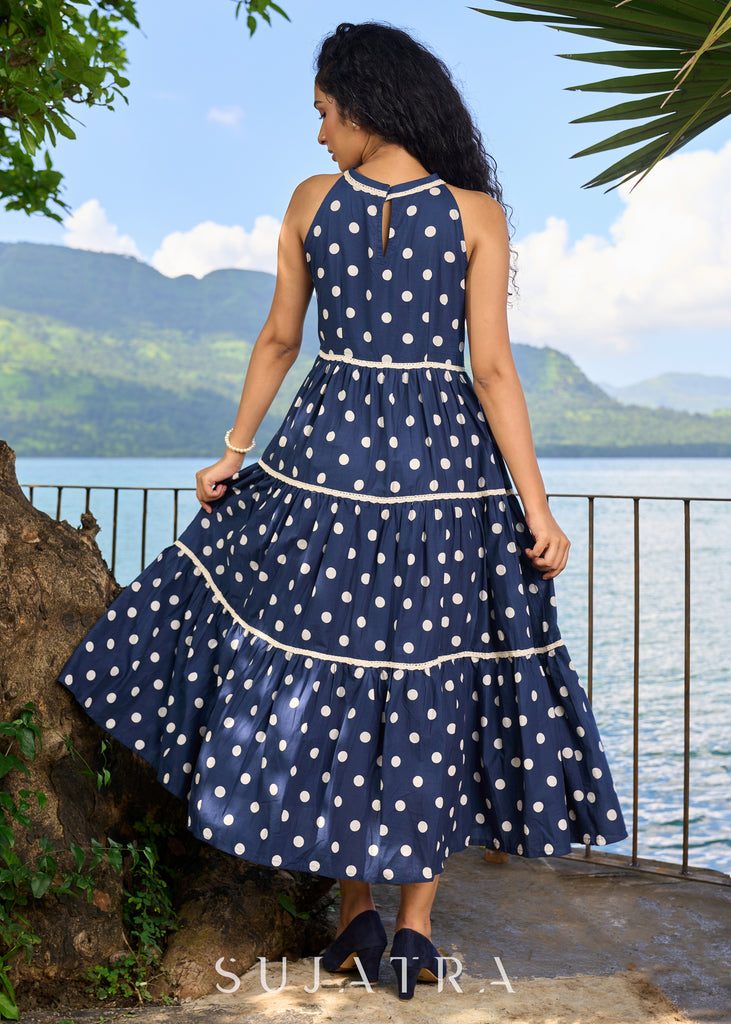 Trendy navy blue cotton polka dot halter neck dress highlighted with macrame lace