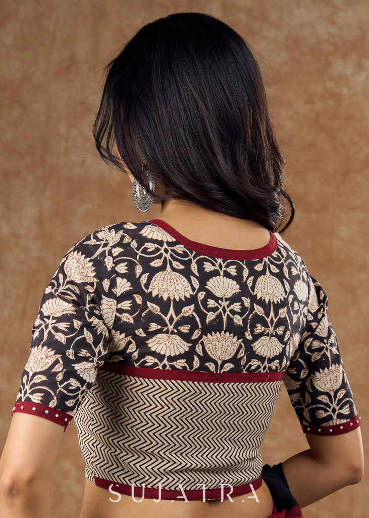 Classic cotton Ajrakh blouse with a blend of print , pattern and maroon detailing