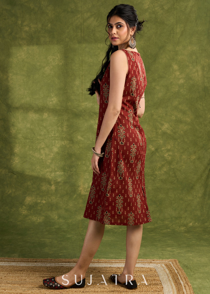 Rust Floral Ajrakh Cotton Dress. Subtle Rust Tones With Delicate Floral Block Prints