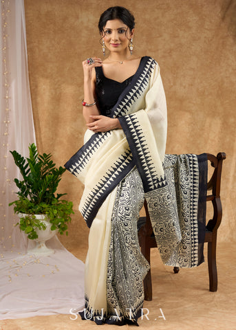 Authentic Off White Pure Silk Block Printed Saree With Temple Border