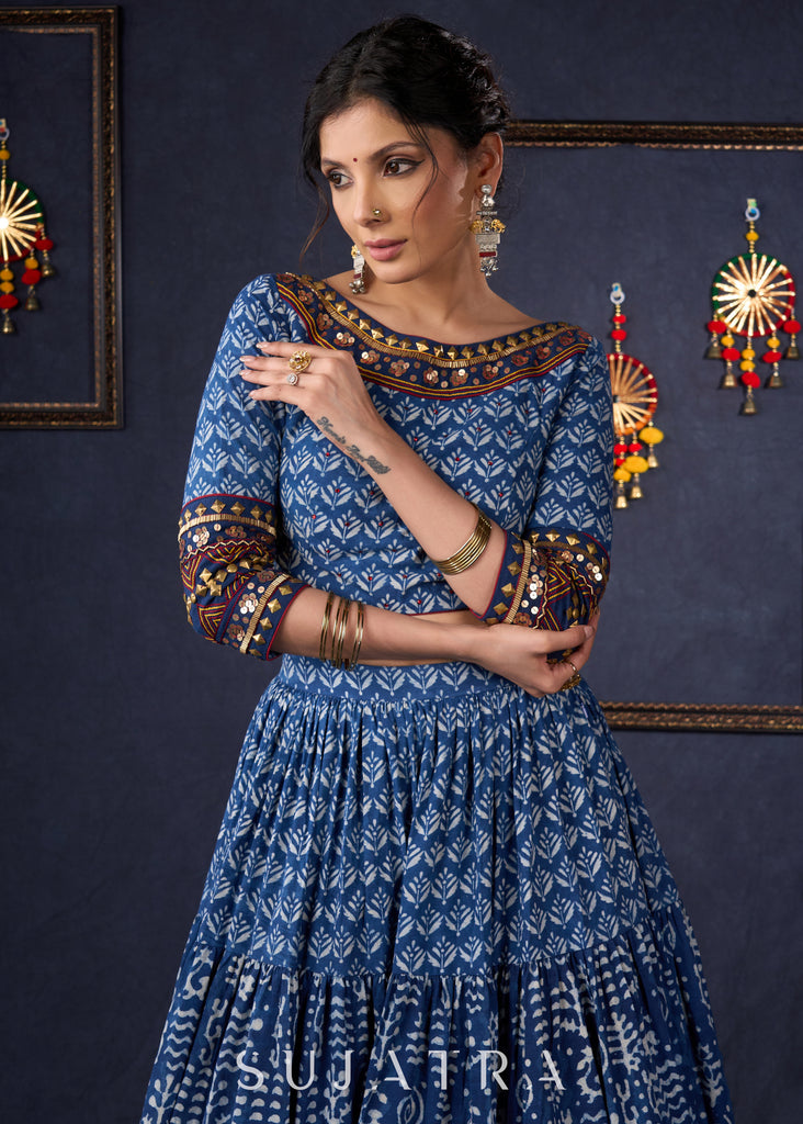 Indigo Prints Mix & Match Lehenga With Antique Gold Embroidery On Blouse & Matching Dupatta.