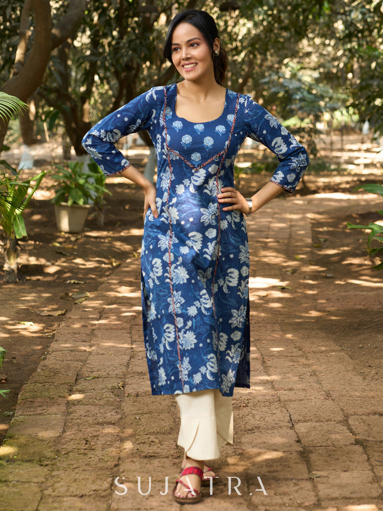 Indigo Handcrafted Floral Print Kurta with Delicate Ajrakh Detailing