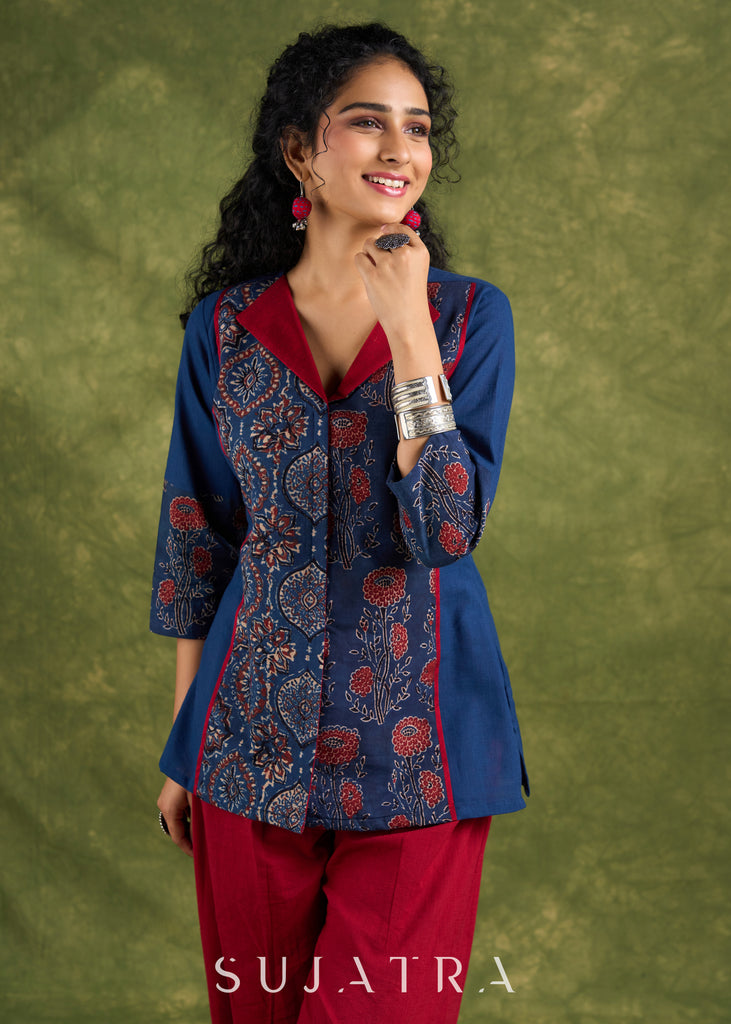 Elegant Navy Blue Ajrak Combination Top - Pant Optional