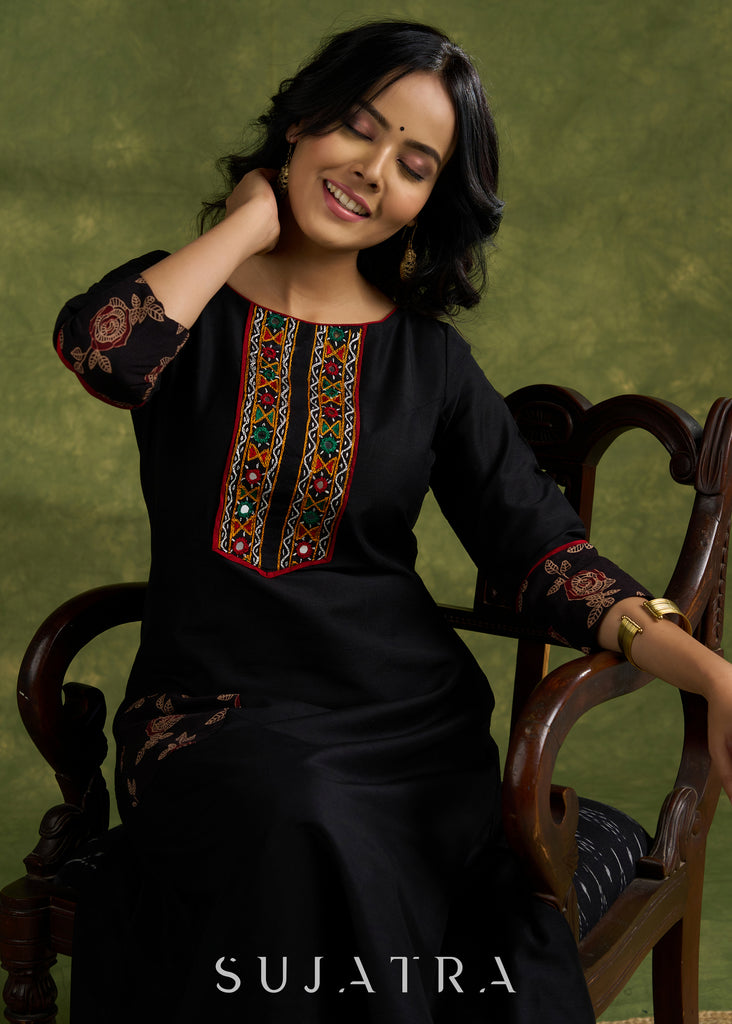 Classic Black Cotton Silk Kutch Mirror Work Kurta - Pant Optional