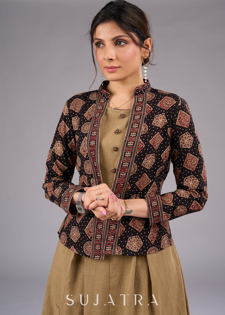 Ethereal Block Printed Black Ajrakh Cotton Jacket