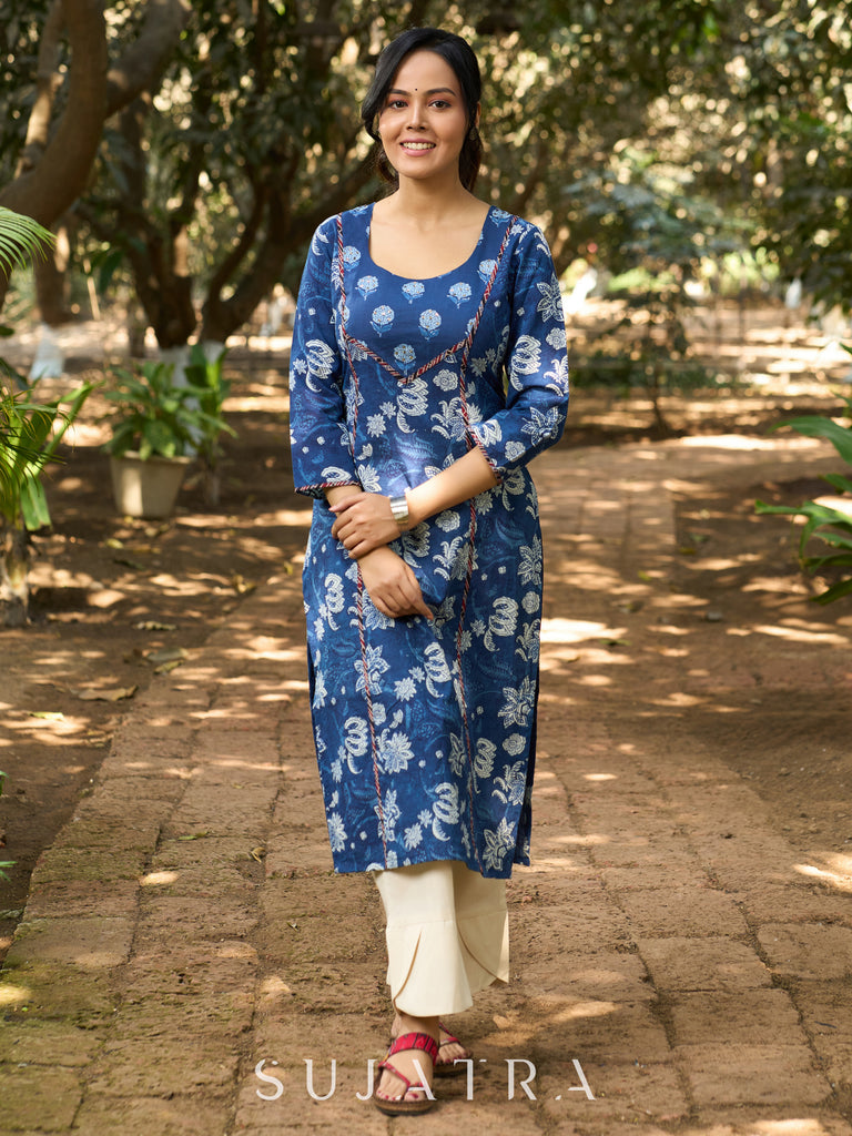 Indigo Handcrafted Floral Print Kurta with Delicate Ajrakh Detailing