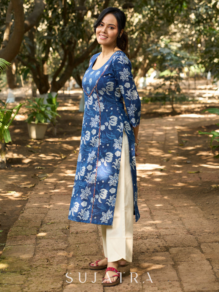 Indigo Handcrafted Floral Print Kurta with Delicate Ajrakh Detailing