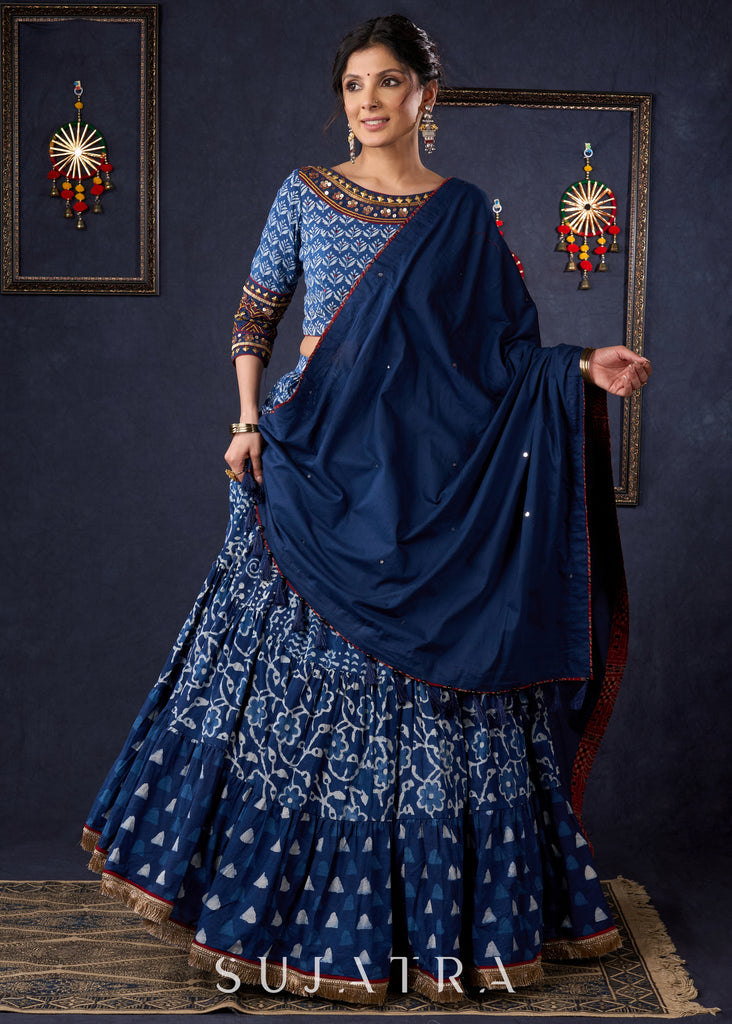 Indigo Prints Mix & Match Lehenga With Antique Gold Embroidery On Blouse & Matching Dupatta.