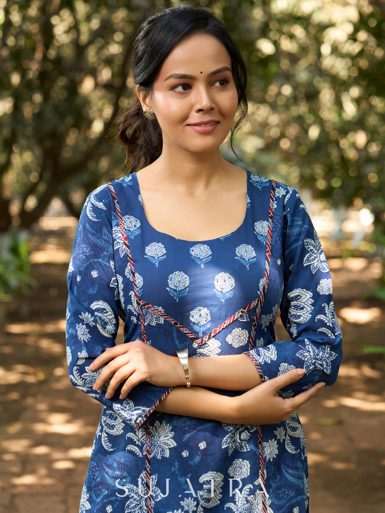 Indigo Handcrafted Floral Print Kurta with Delicate Ajrakh Detailing