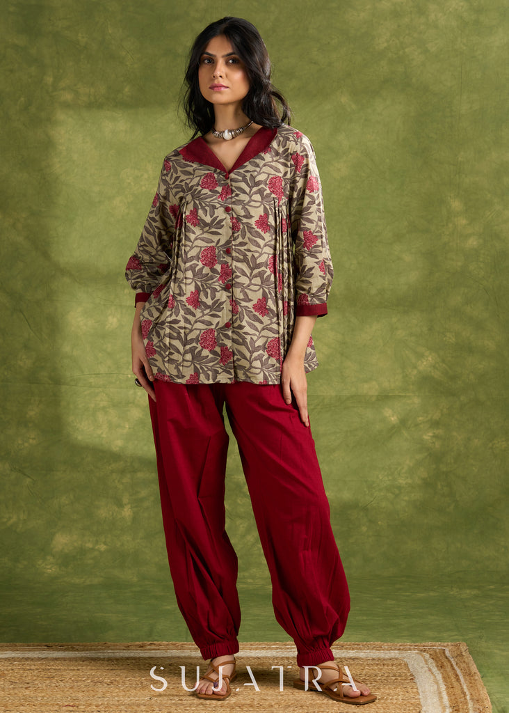 Beige Printed Cotton Pleated Top - Pant Optional