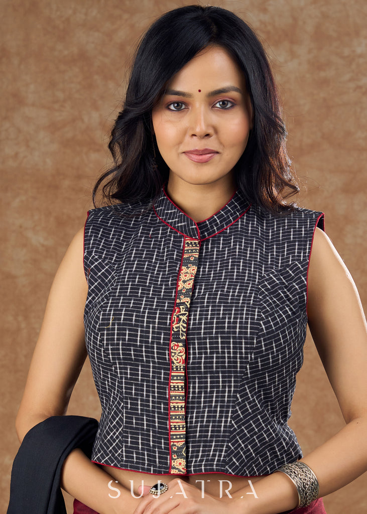 Cotton Ikat blouse with high collar, red piping, & contrast front panel