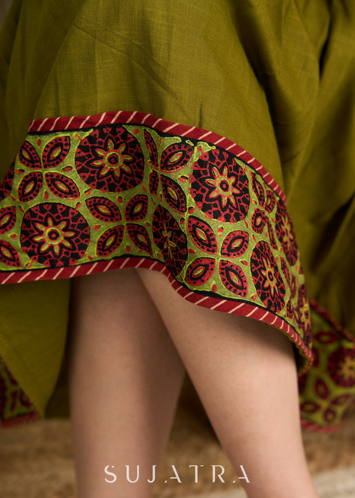 Elegant olive cotton dress featuring intricate block printed border