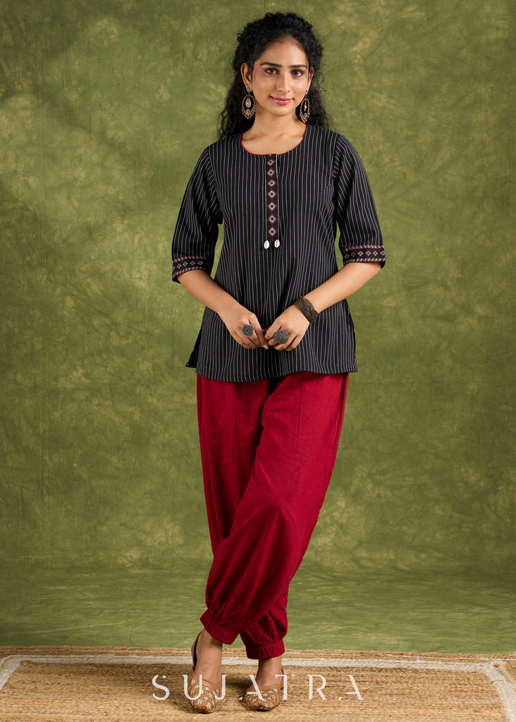 Elegant Black Cotton Trendy Top With Decorative Shells - Pant Optional