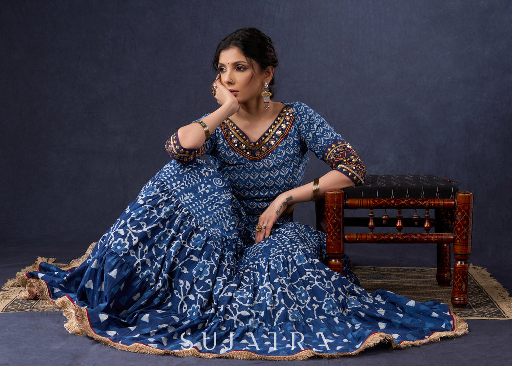 Indigo Prints Mix & Match Lehenga With Antique Gold Embroidery On Blouse & Matching Dupatta.