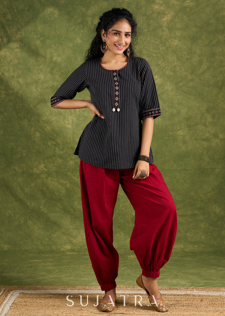 Elegant Black Cotton Trendy Top With Decorative Shells - Pant Optional