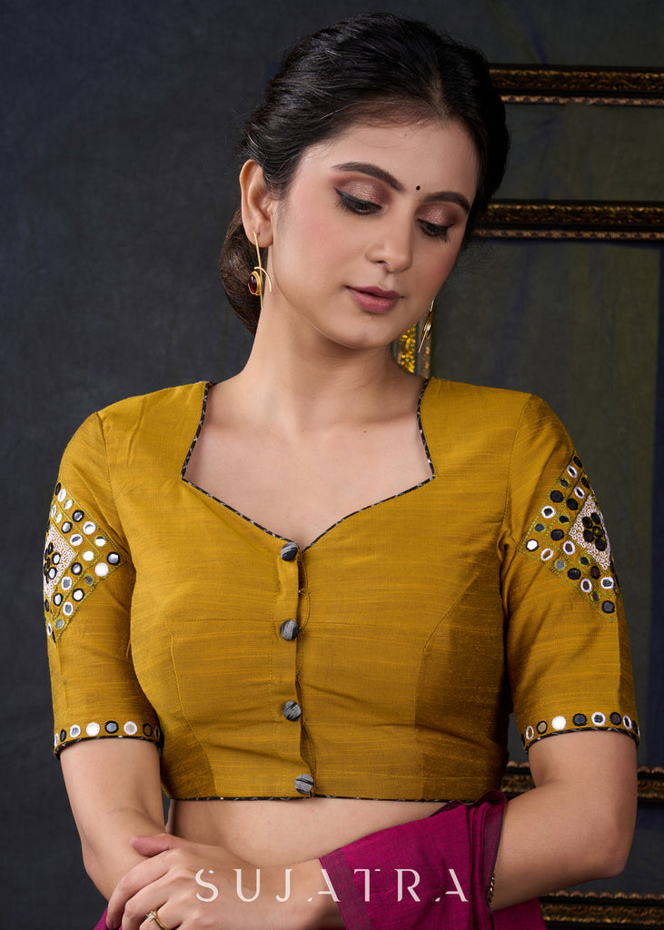 Elegantly Hand Embroidered Mustard Mirror Work Blouse