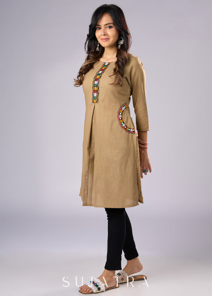 Elegant Dark Beige Cotton Tunic Adorned with Intricate Mirror Work