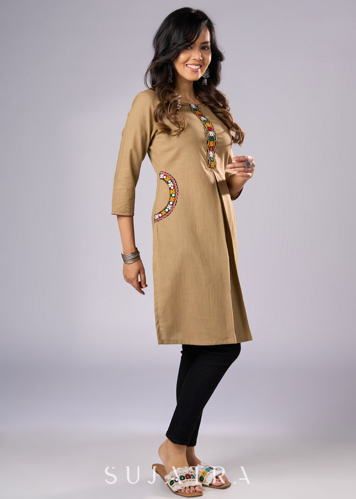 Elegant Dark Beige Cotton Tunic Adorned with Intricate Mirror Work