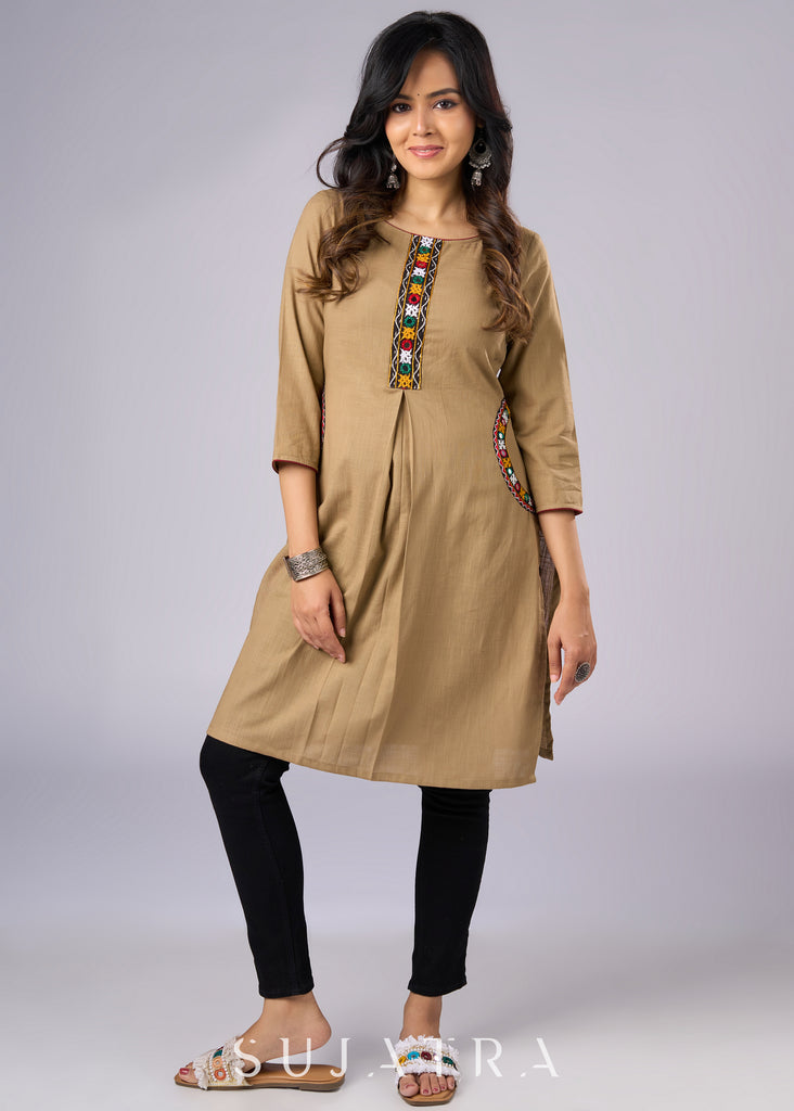 Elegant Dark Beige Cotton Tunic Adorned with Intricate Mirror Work