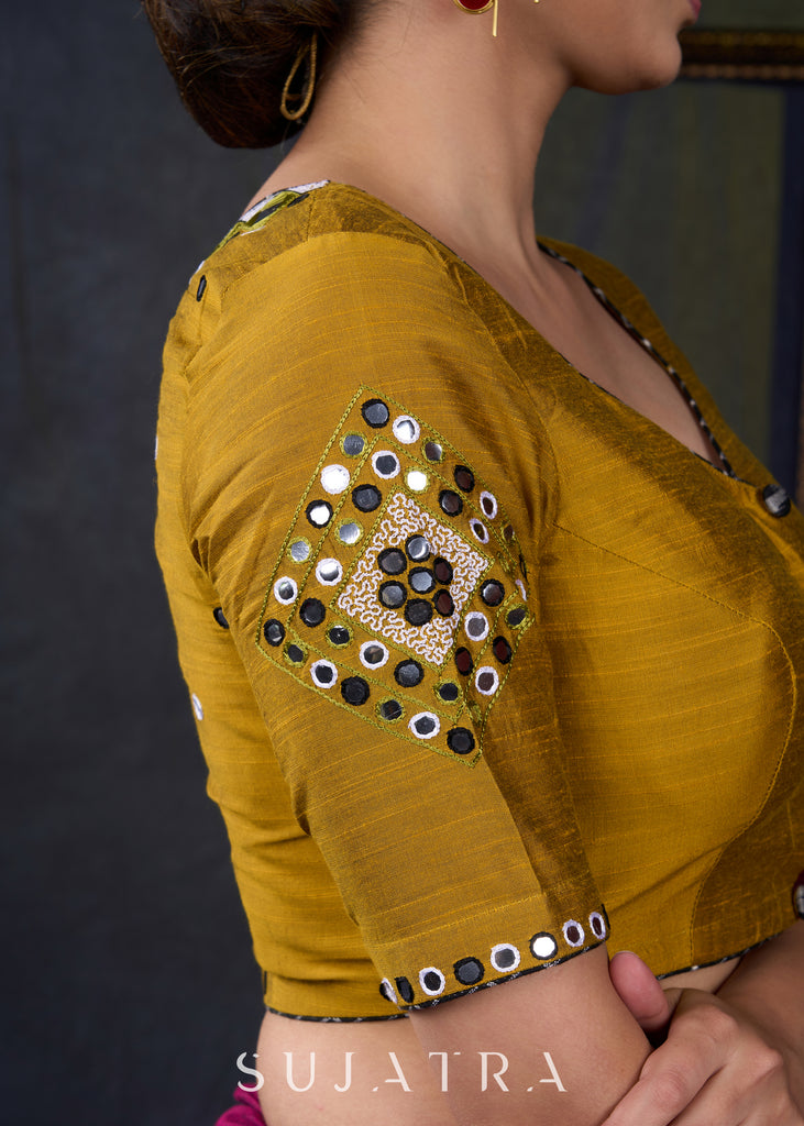 Elegantly Hand Embroidered Mustard Mirror Work Blouse