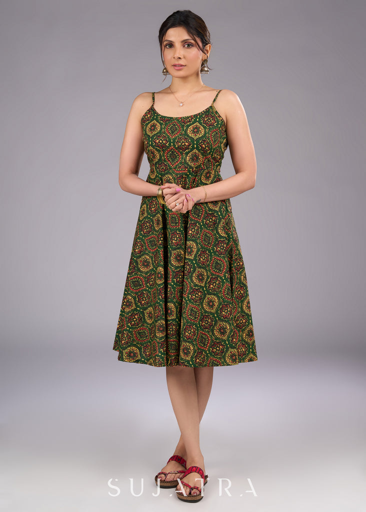 Classic Green Ajrakh Strappy Flared Dress