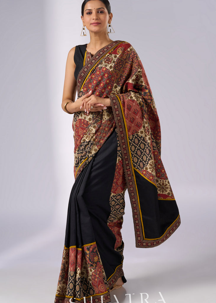 Vibrant patch work design cotton saree with Ajrakh border