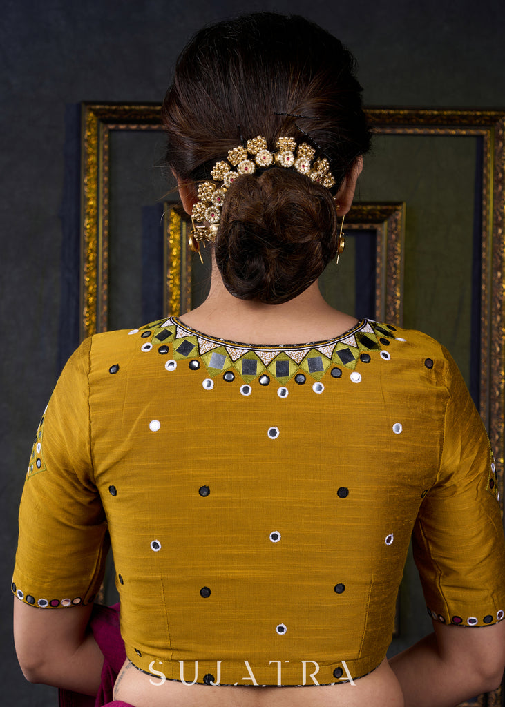 Elegantly Hand Embroidered Mustard Mirror Work Blouse