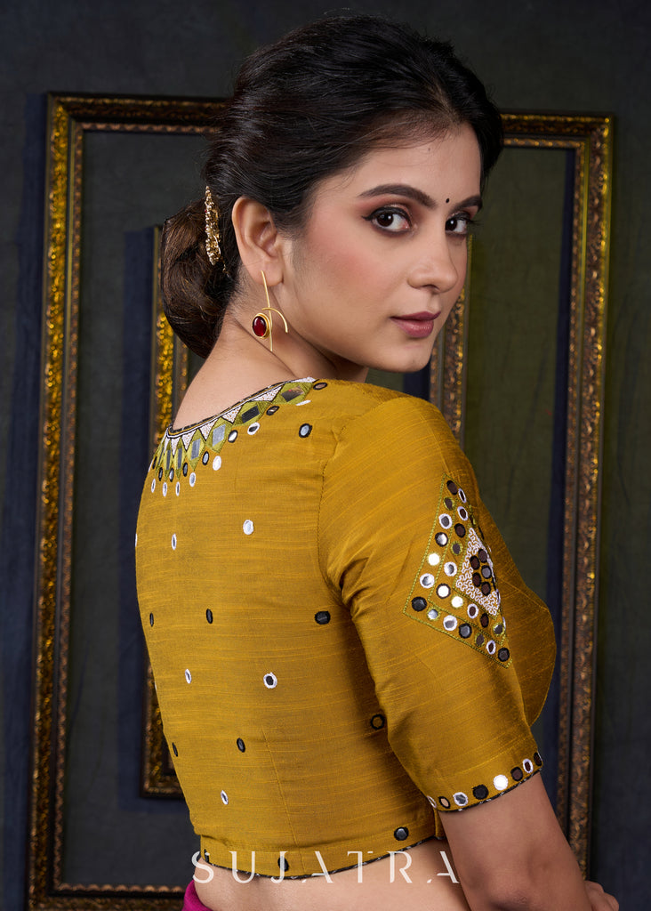 Elegantly Hand Embroidered Mustard Mirror Work Blouse